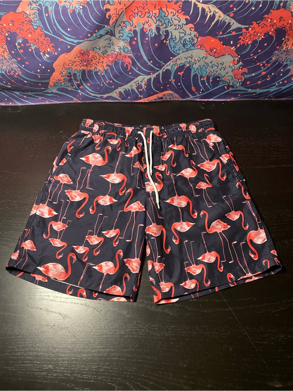Forever 21 Navy Swim Trunks with Pink Flamingo Print